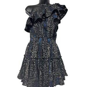 Buddy Love One Shoulder Ruffle Dress Black White Blue Speckled Print XS‎
